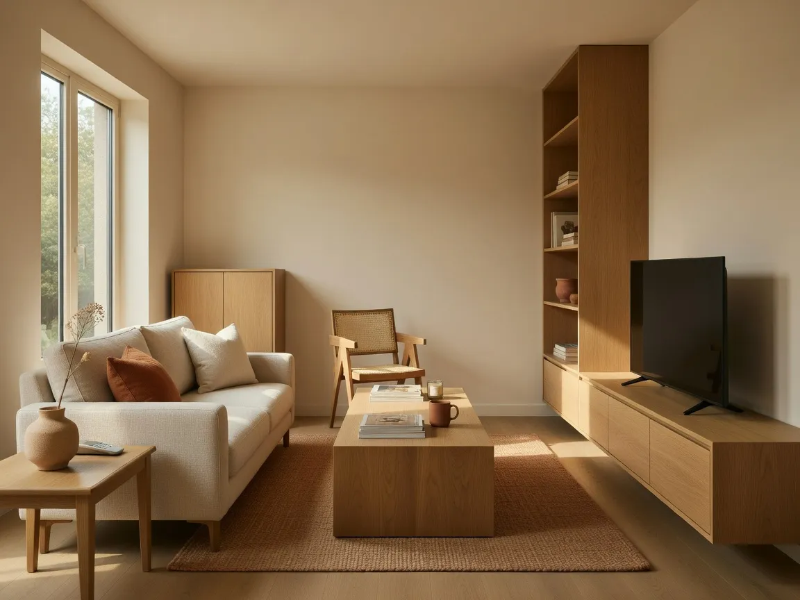 AI Apartment Design after — Multifunctional pieces and a single warm palette make a small apartment read as open, cohesive and calm.